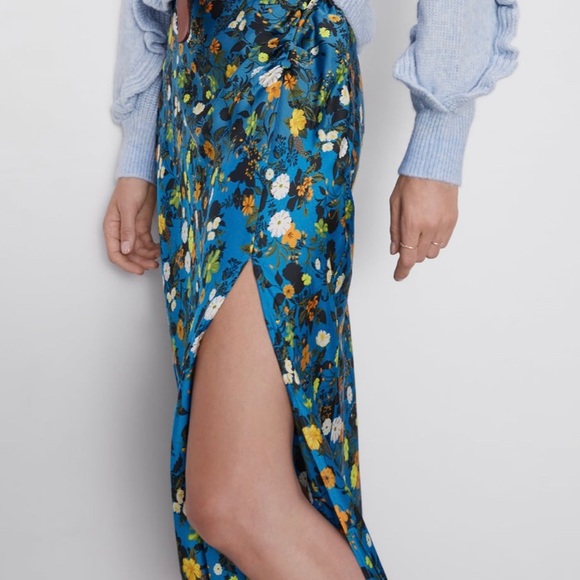 Zara Skirts Zara Blue Satin Floral Skirt Poshmark